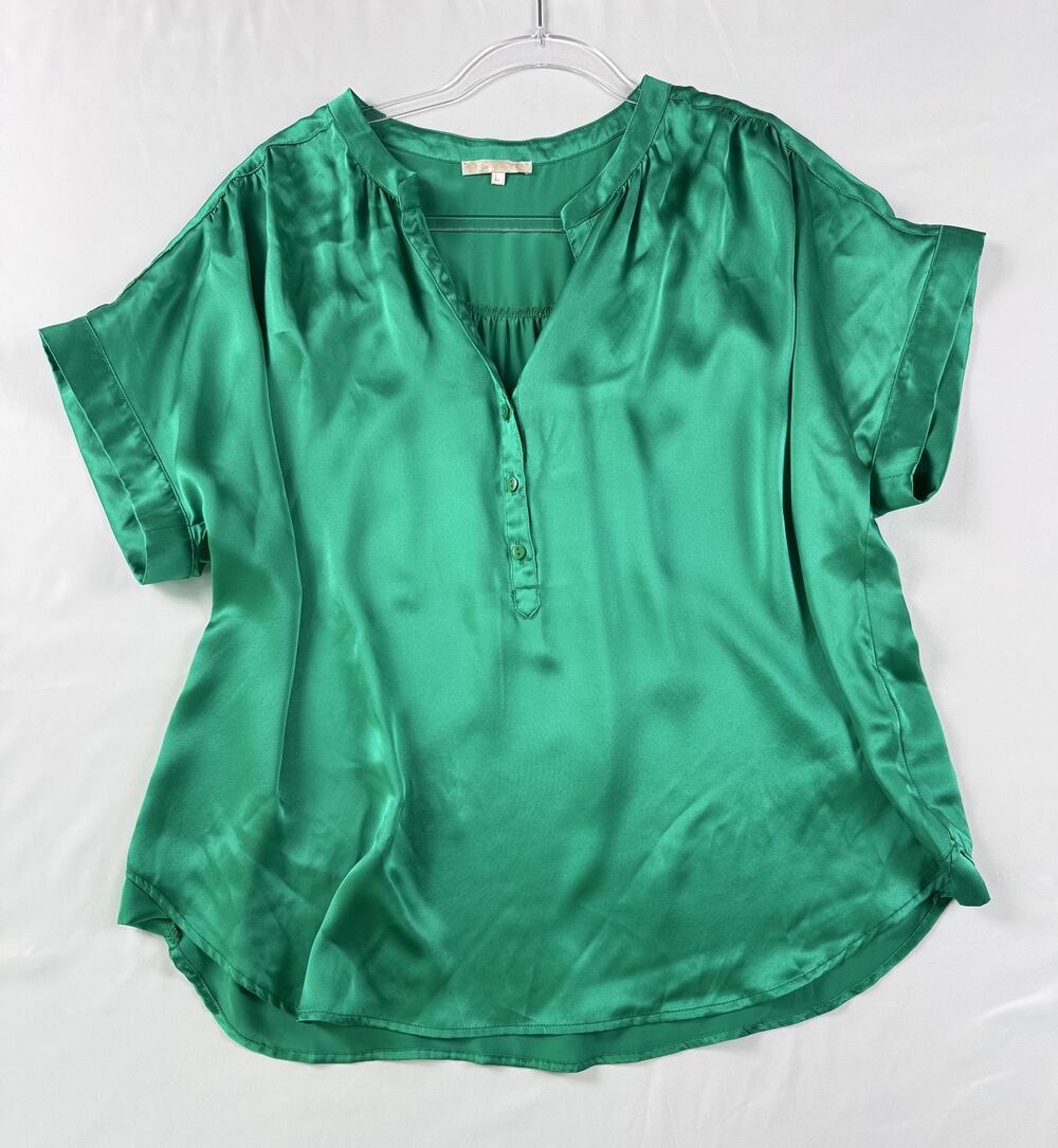 Gold Hawk 100% Silk Blouse Womens Large Emerald Green Satin Luxury Top